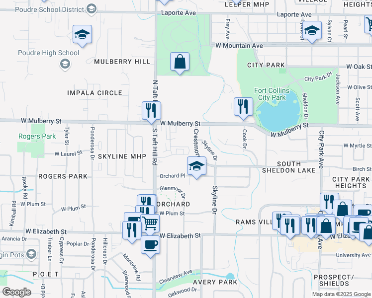map of restaurants, bars, coffee shops, grocery stores, and more near 603 Rook Street in Fort Collins
