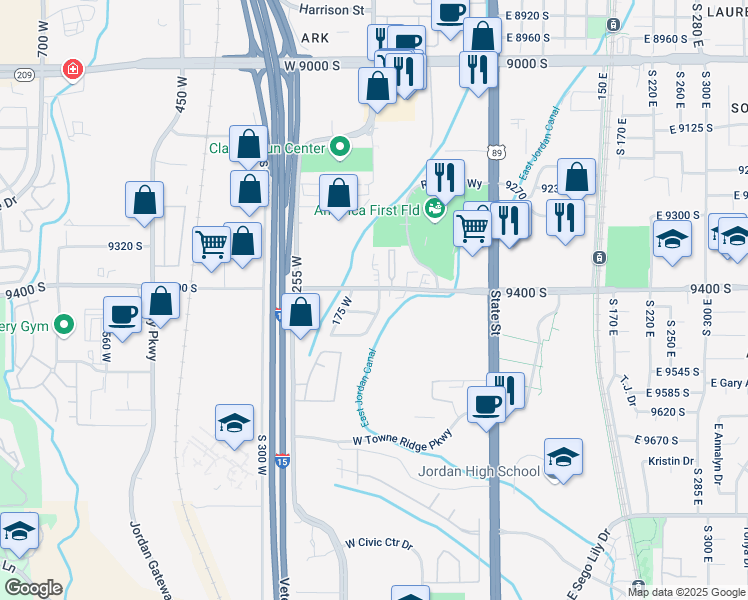 map of restaurants, bars, coffee shops, grocery stores, and more near 9420 South Streatham Road in Sandy