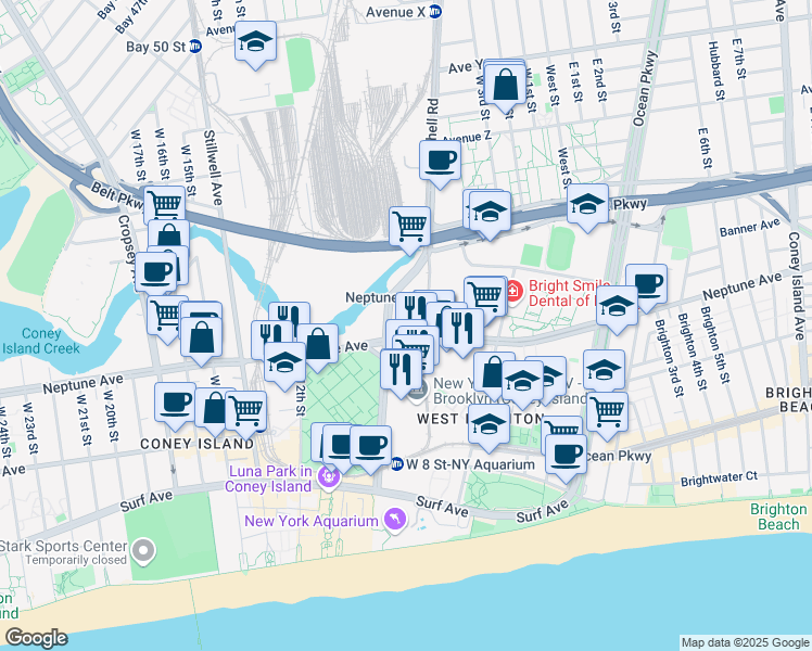 map of restaurants, bars, coffee shops, grocery stores, and more near 2955 Shell Road in Brooklyn