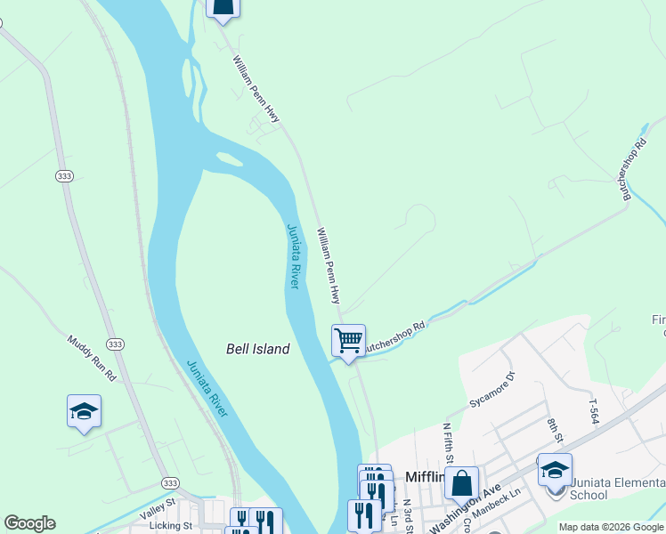 map of restaurants, bars, coffee shops, grocery stores, and more near 3023 William Penn Highway in Mifflintown