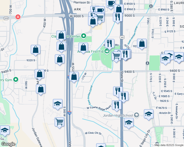 map of restaurants, bars, coffee shops, grocery stores, and more near 9420 South Streatham Road in Sandy