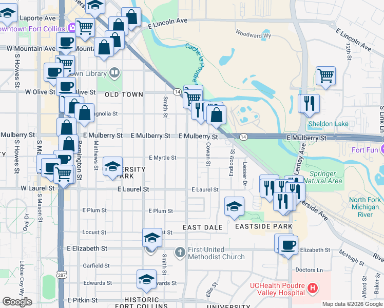 map of restaurants, bars, coffee shops, grocery stores, and more near 508 Stover Street in Fort Collins