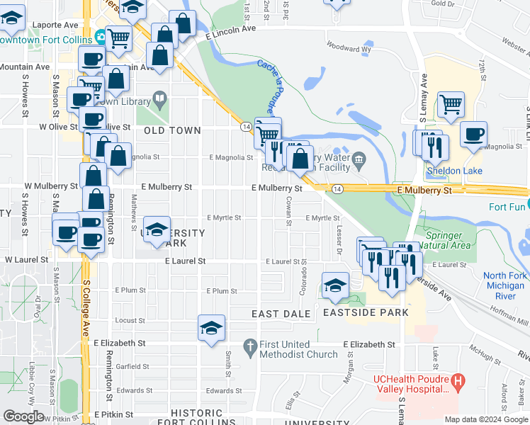 map of restaurants, bars, coffee shops, grocery stores, and more near 508 Stover Street in Fort Collins