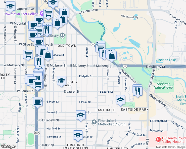 map of restaurants, bars, coffee shops, grocery stores, and more near 508 Smith Street in Fort Collins