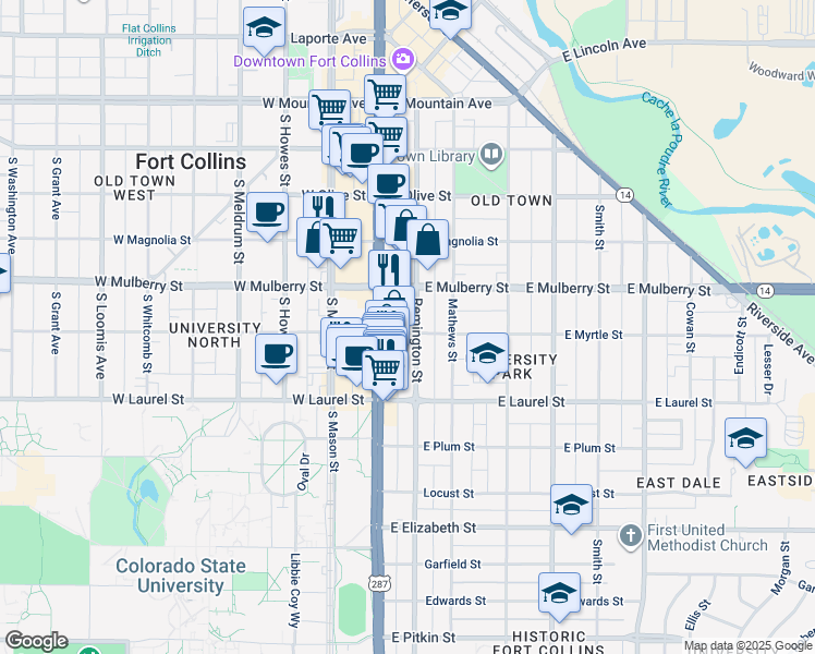 map of restaurants, bars, coffee shops, grocery stores, and more near 514 South College Avenue in Fort Collins