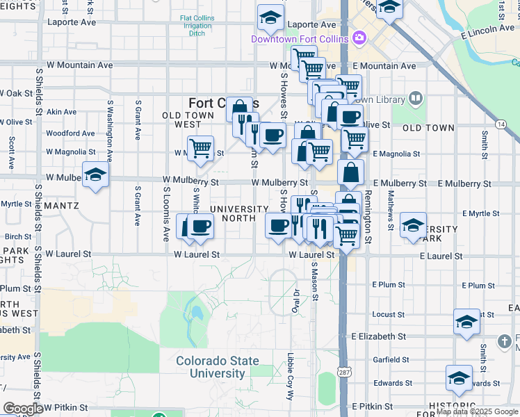 map of restaurants, bars, coffee shops, grocery stores, and more near 511 South Meldrum Street in Fort Collins