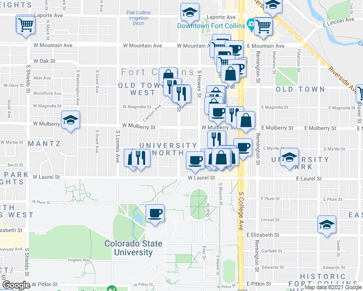 map of restaurants, bars, coffee shops, grocery stores, and more near 511 South Meldrum Street in Fort Collins