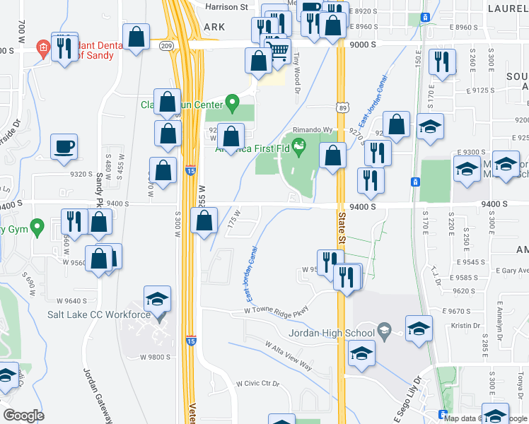 map of restaurants, bars, coffee shops, grocery stores, and more near 146 West 9400 South in Sandy