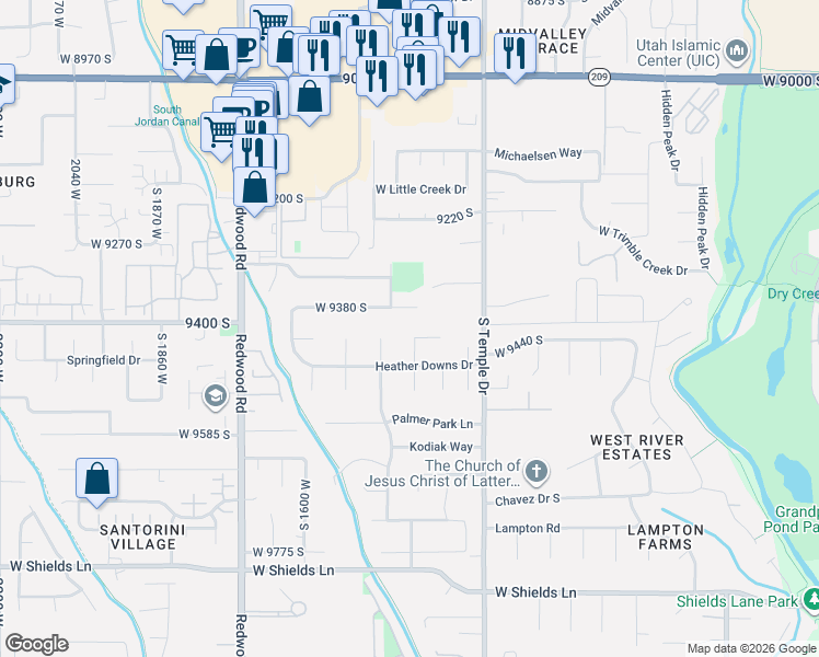 map of restaurants, bars, coffee shops, grocery stores, and more near 1398 West 9380 South in West Jordan