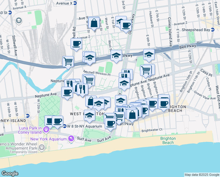 map of restaurants, bars, coffee shops, grocery stores, and more near 445 Neptune Ave in Brooklyn