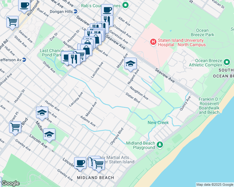 map of restaurants, bars, coffee shops, grocery stores, and more near 185 Slater Boulevard in Staten Island