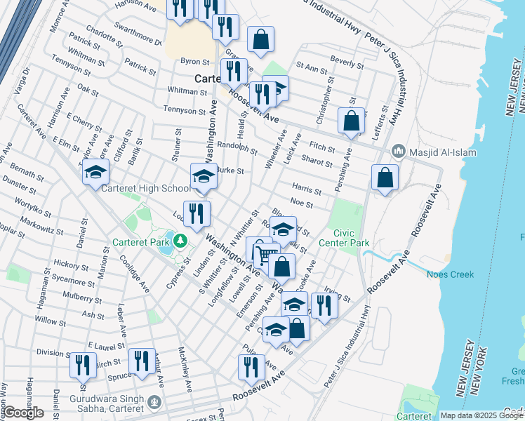 map of restaurants, bars, coffee shops, grocery stores, and more near 3 Leick Avenue in Carteret
