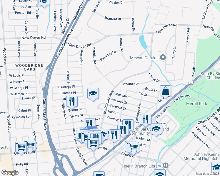 map of restaurants, bars, coffee shops, grocery stores, and more near 23 Meredith Road in Woodbridge Township