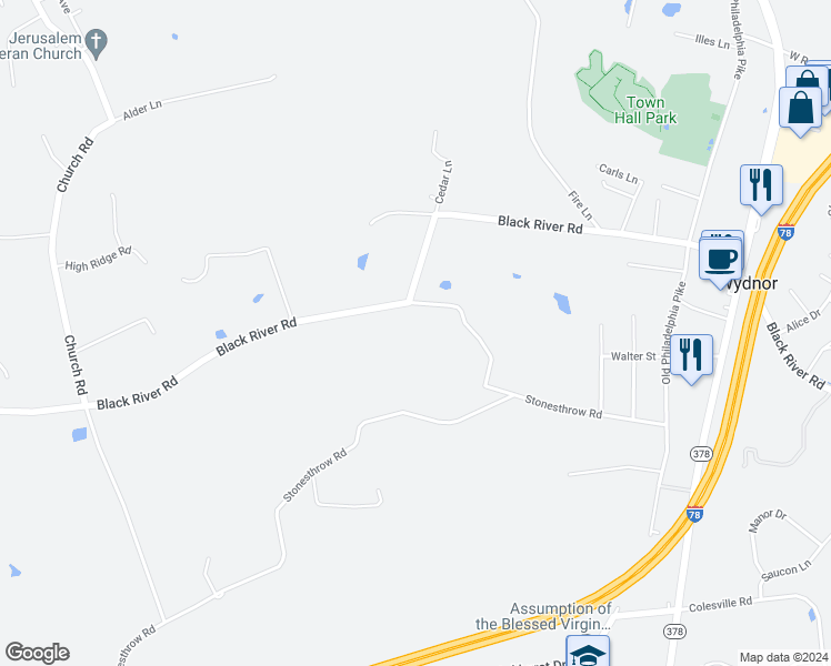 map of restaurants, bars, coffee shops, grocery stores, and more near 1284 Evergreen Drive in Bethlehem