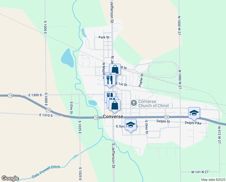 map of restaurants, bars, coffee shops, grocery stores, and more near 309 North Jefferson Street in Converse