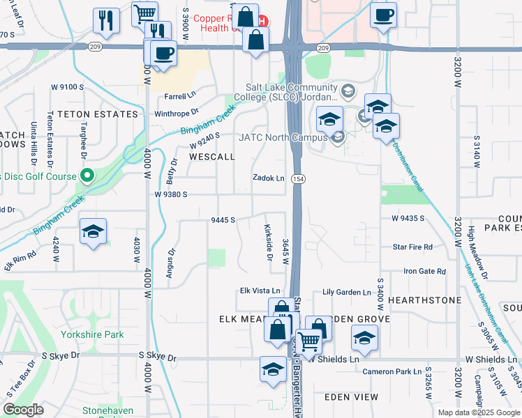 map of restaurants, bars, coffee shops, grocery stores, and more near 3702 Angus Drive in South Jordan
