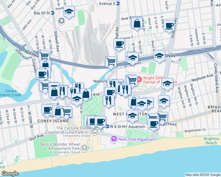 map of restaurants, bars, coffee shops, grocery stores, and more near 2955 Shell Road in Brooklyn