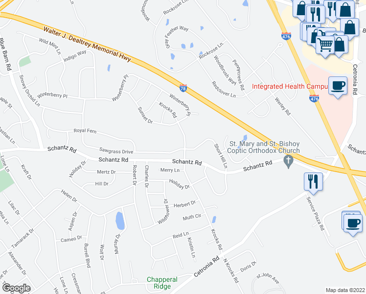 map of restaurants, bars, coffee shops, grocery stores, and more near 267 Sawgrass Drive in Allentown