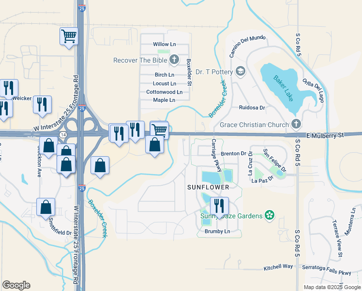 map of restaurants, bars, coffee shops, grocery stores, and more near 4532 Colorado 14 in Fort Collins
