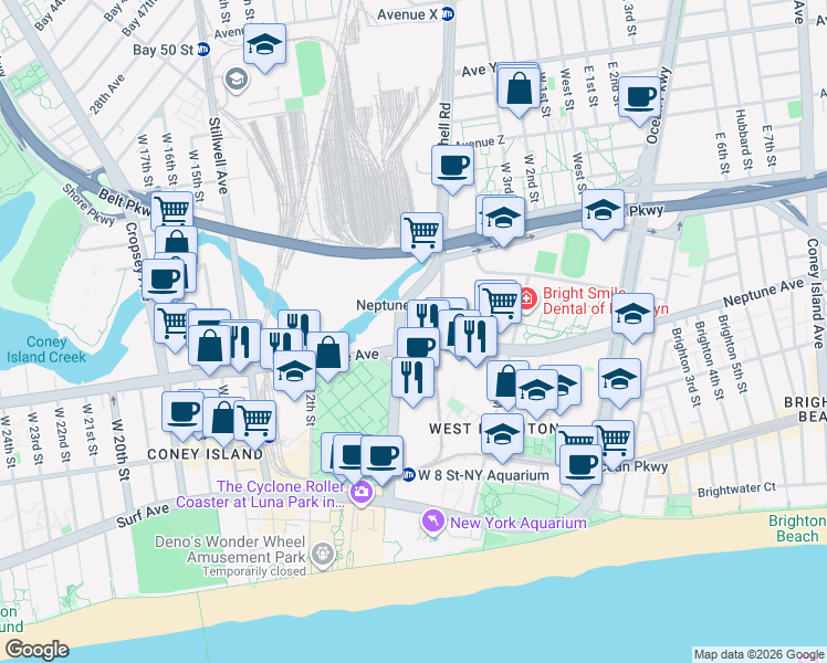 map of restaurants, bars, coffee shops, grocery stores, and more near 2971 Shell Road in Brooklyn