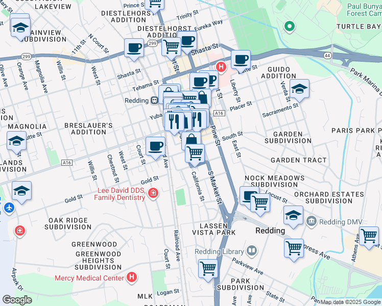 map of restaurants, bars, coffee shops, grocery stores, and more near 1802 California Street in Redding