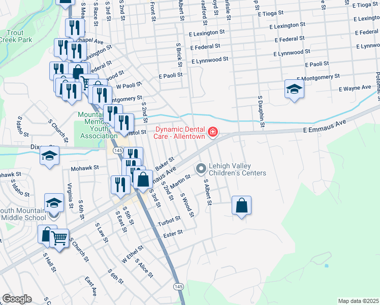 map of restaurants, bars, coffee shops, grocery stores, and more near 1725 East Emmaus Avenue in Allentown
