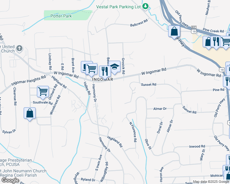 map of restaurants, bars, coffee shops, grocery stores, and more near 9650 Harding Road in Pittsburgh