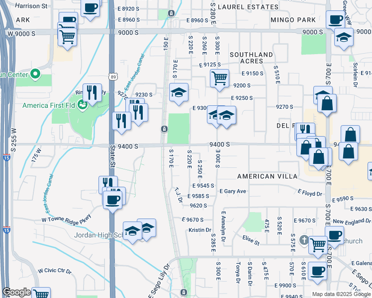 map of restaurants, bars, coffee shops, grocery stores, and more near 9400 South 200 East in Sandy