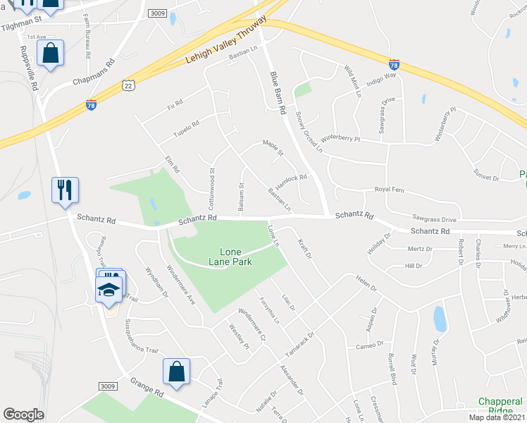 map of restaurants, bars, coffee shops, grocery stores, and more near 6413 Schantz Road in Allentown