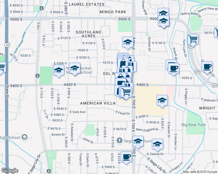 map of restaurants, bars, coffee shops, grocery stores, and more near 557 Purple Lilac Lane in Sandy