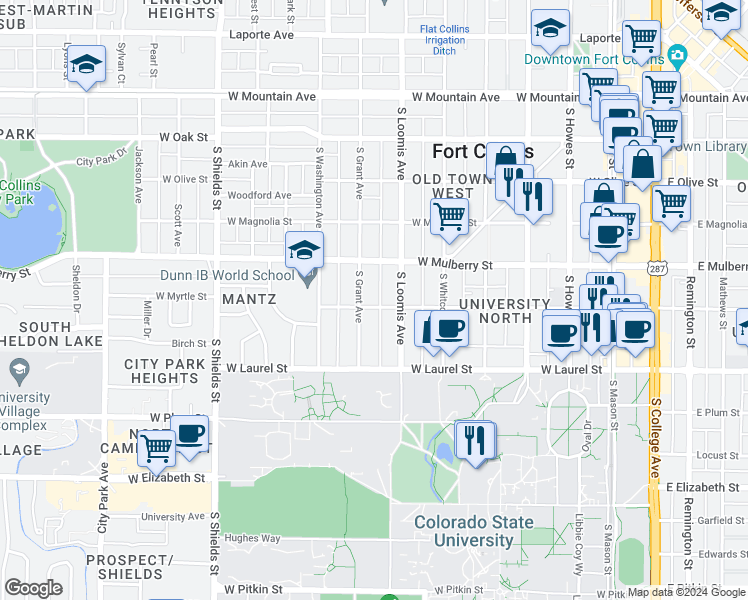 map of restaurants, bars, coffee shops, grocery stores, and more near 720 West Myrtle Street in Fort Collins