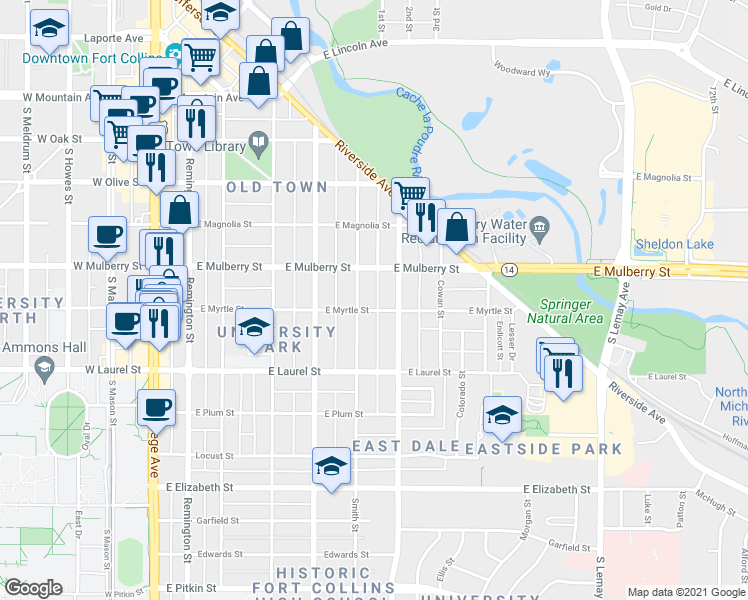 map of restaurants, bars, coffee shops, grocery stores, and more near 508 Smith Street in Fort Collins