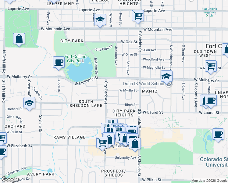 map of restaurants, bars, coffee shops, grocery stores, and more near 1214 West Myrtle Street in Fort Collins
