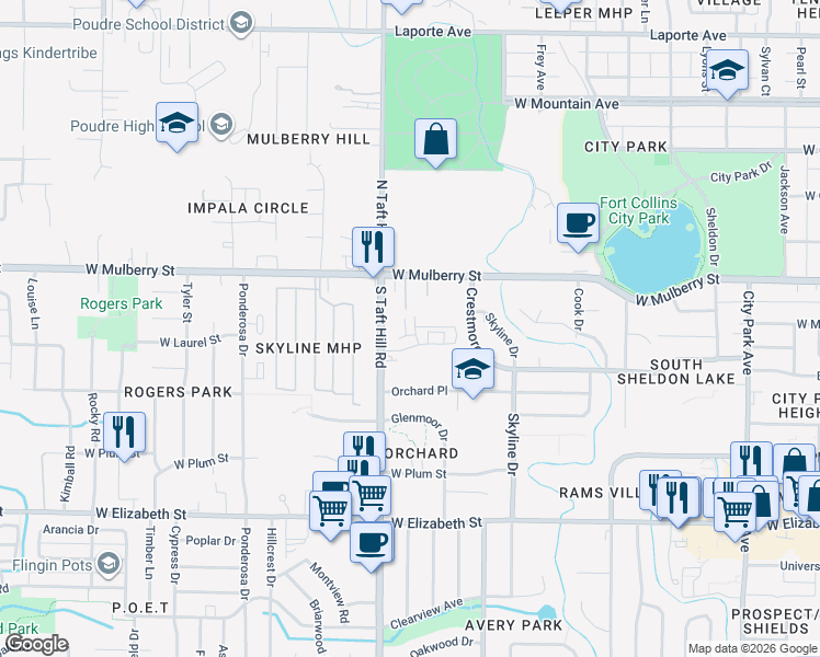 map of restaurants, bars, coffee shops, grocery stores, and more near 581 Ebon Pica Street in Fort Collins