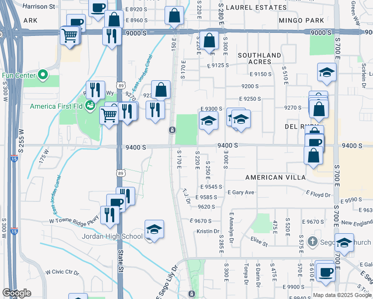 map of restaurants, bars, coffee shops, grocery stores, and more near 9400 South 200 East in Sandy