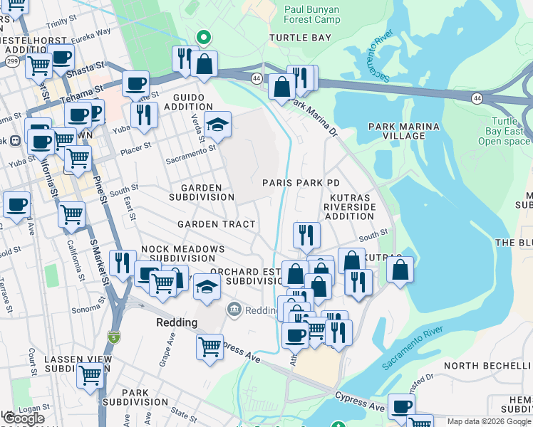 map of restaurants, bars, coffee shops, grocery stores, and more near 625 Lowe Street in Redding