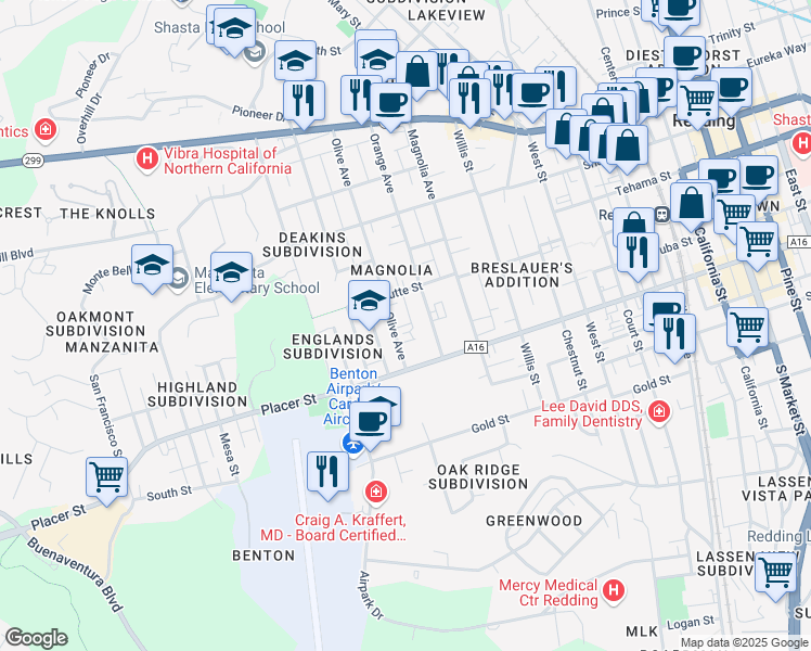 map of restaurants, bars, coffee shops, grocery stores, and more near 1534 Orange Avenue in Redding