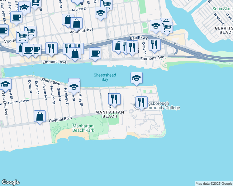 map of restaurants, bars, coffee shops, grocery stores, and more near 1624 Shore Boulevard in Brooklyn