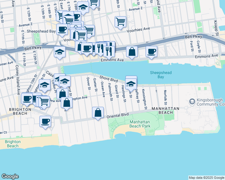 map of restaurants, bars, coffee shops, grocery stores, and more near 26 Falmouth Street in Brooklyn