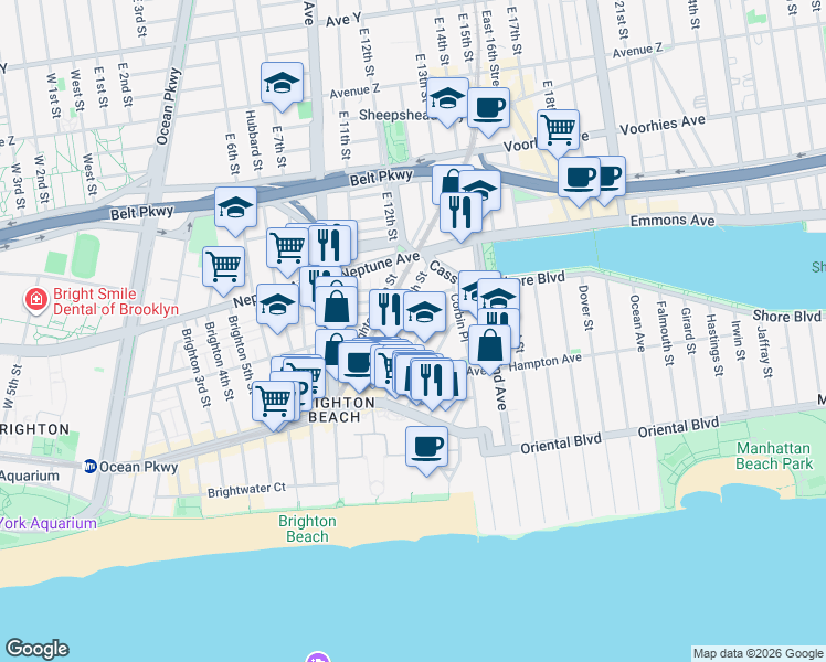 map of restaurants, bars, coffee shops, grocery stores, and more near 2942 Brighton 12th Street in Brooklyn