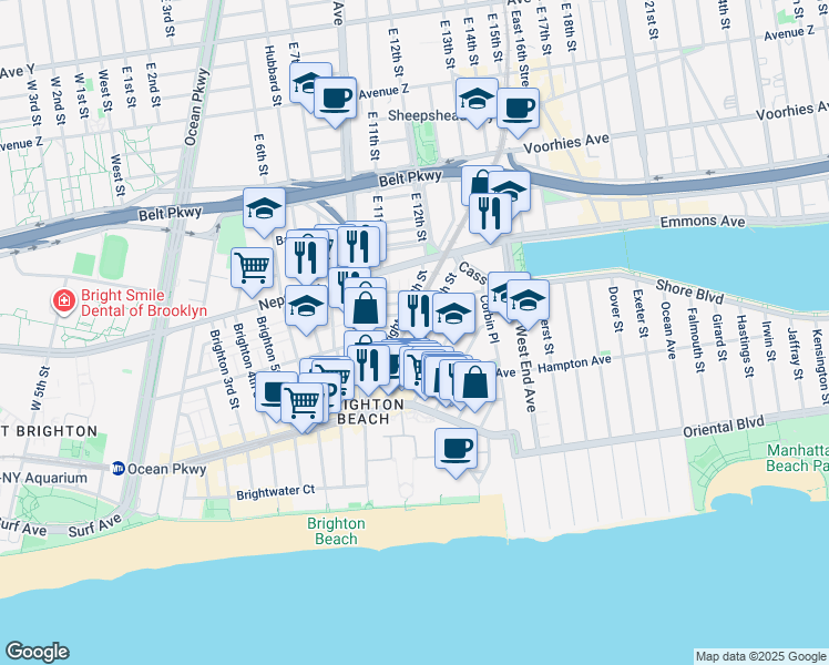 map of restaurants, bars, coffee shops, grocery stores, and more near 76 Brighton 11th Street in Brooklyn