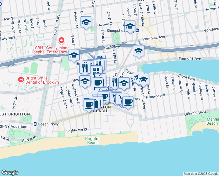 map of restaurants, bars, coffee shops, grocery stores, and more near 5 Brighton 10th Terrace in Brooklyn