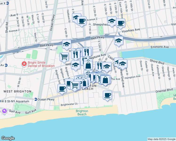 map of restaurants, bars, coffee shops, grocery stores, and more near 5 Brighton 10th Terrace in Brooklyn