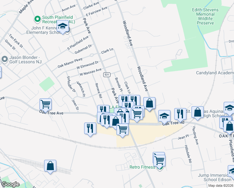 map of restaurants, bars, coffee shops, grocery stores, and more near 3301 Park Avenue in South Plainfield