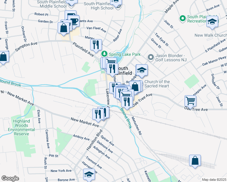 map of restaurants, bars, coffee shops, grocery stores, and more near 156 Lakeview Avenue in South Plainfield