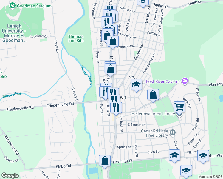 map of restaurants, bars, coffee shops, grocery stores, and more near 741 Main Street in Hellertown