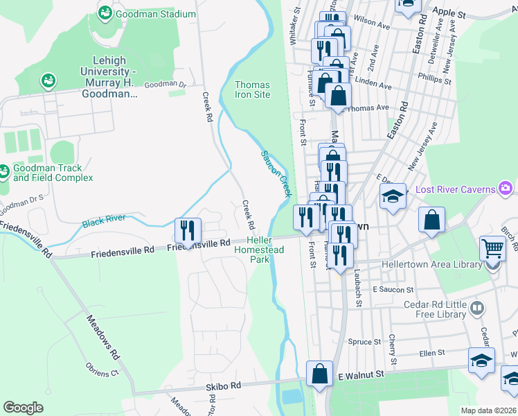 map of restaurants, bars, coffee shops, grocery stores, and more near 2024 Penstock Court in Bethlehem