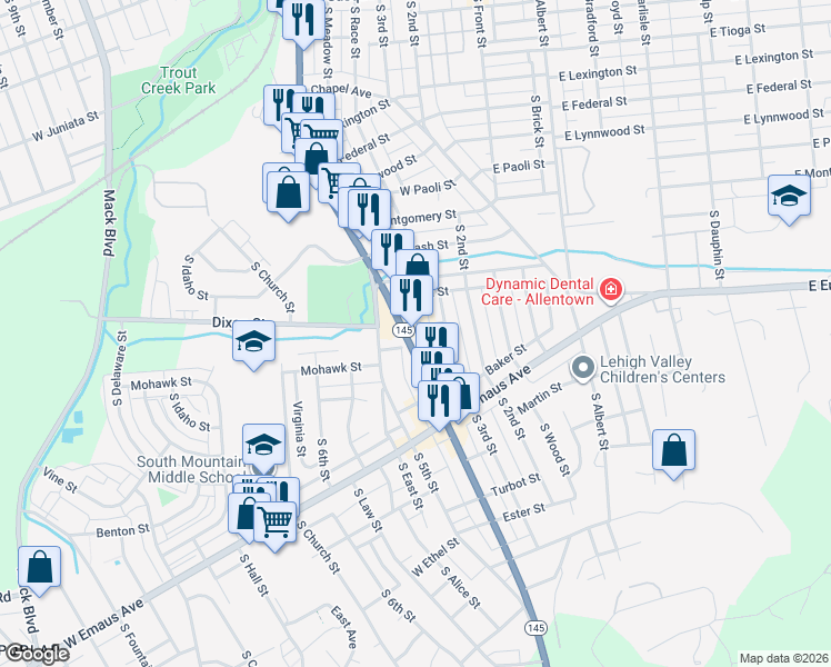 map of restaurants, bars, coffee shops, grocery stores, and more near 1841 South 4th Street in Allentown