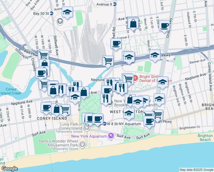 map of restaurants, bars, coffee shops, grocery stores, and more near 2971 Shell Road in Brooklyn