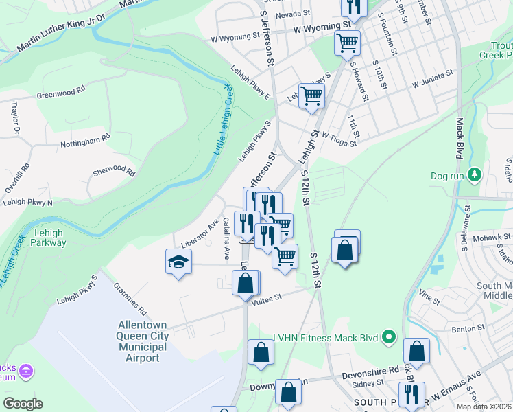map of restaurants, bars, coffee shops, grocery stores, and more near 1459 South Jefferson Street in Allentown